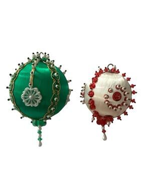Vtg Beaded Push Pin Christmas Ornaments MCM Green White Red Satin Ornate Sequins